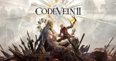 Pôster oficial do jogo de RPG de ação Code Vein II, mostrando um personagem de cabelos brancos em uma pose de combate sobre uma criatura em um cenário pós-apocalíptico.