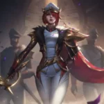 Arte oficial da campeã Mel Medarda no jogo League of Legends: Wild Rift. Ela é uma mulher de cabelos vermelhos curtos, vestindo um uniforme militar branco e dourado com uma capa vermelha, segurando uma espada, e está ladeada por soldados em um salão.