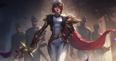 Arte oficial da campeã Mel Medarda no jogo League of Legends: Wild Rift. Ela é uma mulher de cabelos vermelhos curtos, vestindo um uniforme militar branco e dourado com uma capa vermelha, segurando uma espada, e está ladeada por soldados em um salão.